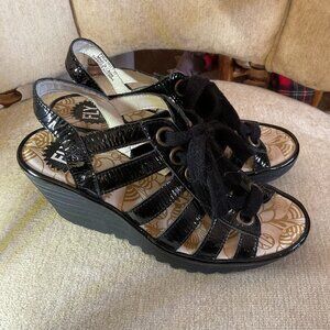 Fly London Yito Daman Black Patent Leather Lace Up Wedge Sandals Shoes 37 US 6.5